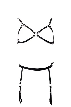 Black Harness Suit with Faux Leather Garter Detail - APFT228