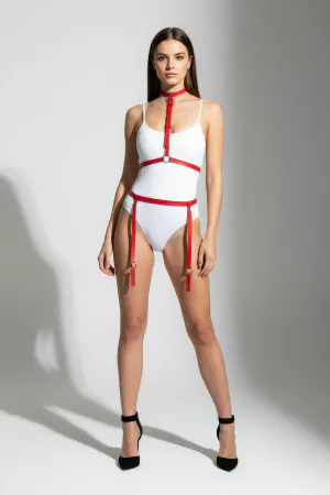 Red Harness Suit with Leather Neck Collar and Garter Detail - APFT230
