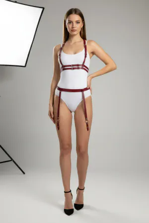 Claret Red Harness Suit Leather Body Accessory - APFT232