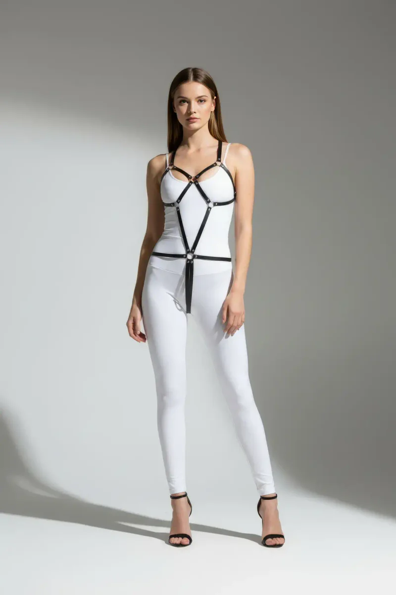 Black Faux Leather Body Harness with Metal O-Rings & Adjustable Straps