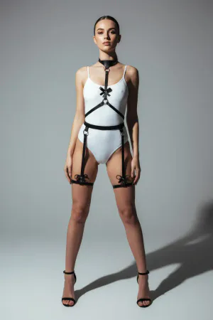 Black Harness Suit with Bow Detail, Shiny Leather - APFT276