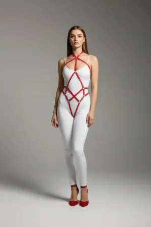 Red Body Harness Shiny Leather Cross-Tied Body Accessory - APFT295