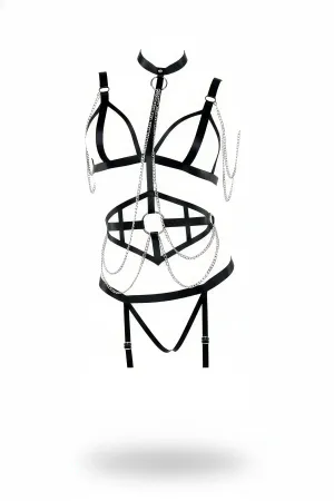 Black Harness Suit Chain Detailed Choker Collar with Garter - APFT299