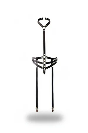 Black Faux Leather Caged Waist Body Harness with Garter Straps
