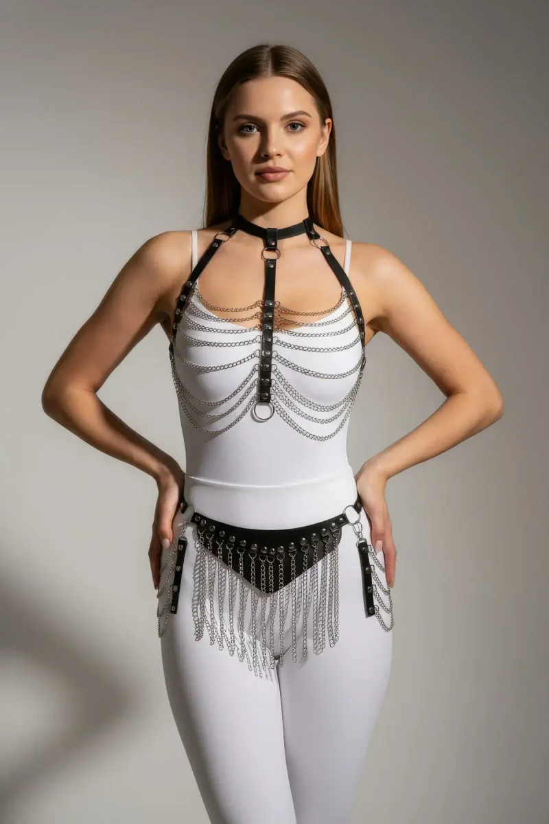 Black Chain Body Harness for Women - Faux Leather & Waist Skirt