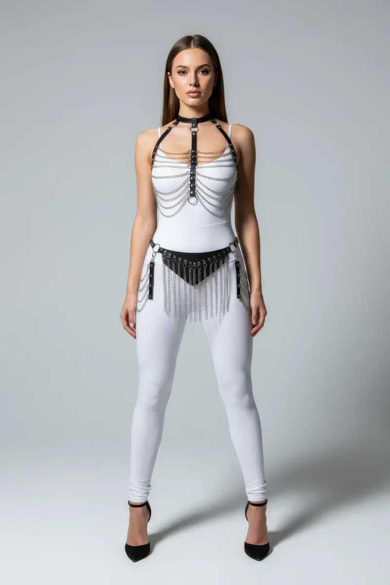 Black Chain Body Harness for Women - Faux Leather & Waist Skirt