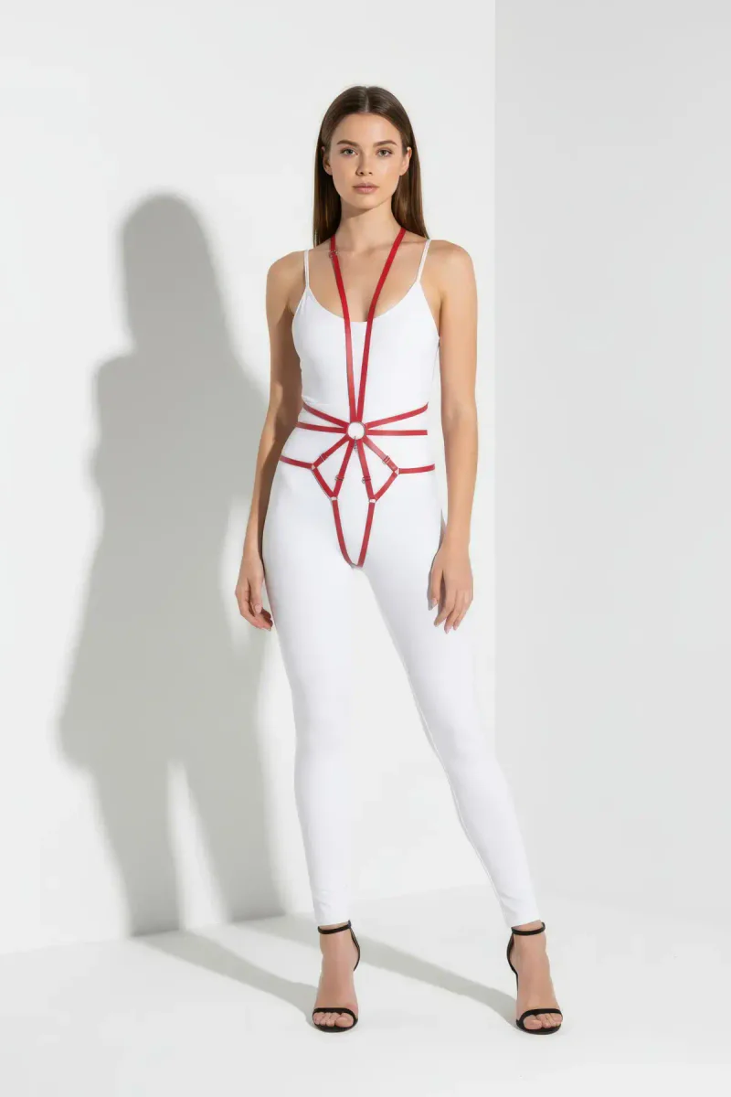 Red Leather Body Harness with Adjustable Straps