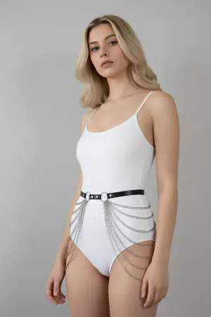 Black Women's Belt with Multiple Chain Detail and Ring Buckle - APFT391