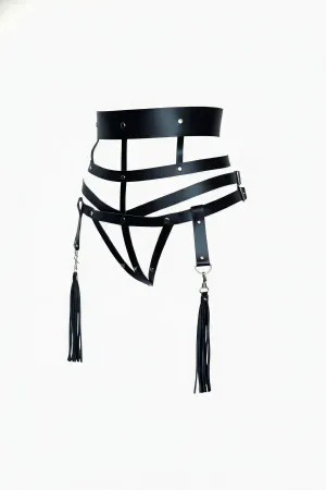 Black Women's Belt with Multi-Strap Leather Corset Detail - APFT397