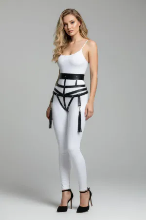 Black Women's Belt Wide Leather Corset Detailed Tassels - APFT397