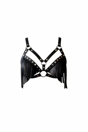 Black Faux Leather Fringed Harness Bra with Silver Studs