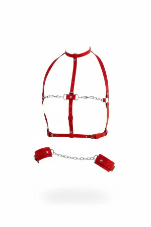 Red Faux Leather Body Harness with Detachable Wrist Cuffs and Silver Chains
