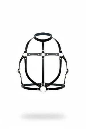 Black Faux Leather Body Harness with Caged Design, Choker Neck, and Silver O-Ring Details