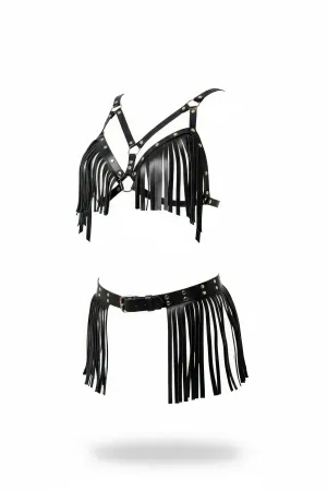 Black Faux Leather Fringe Harness Bra Top & Skirt Belt Set with Silver Studs and O-Rings