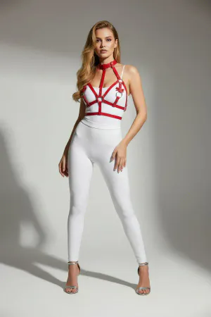 Red Chest Harness with Shiny Leather Neck Collar Detail - APFT473