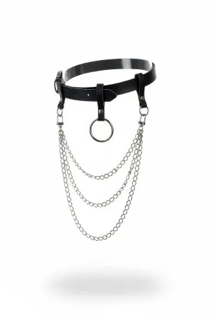 Black Faux Leather Waist Harness with Triple Silver Chains and Central O-Ring Detail