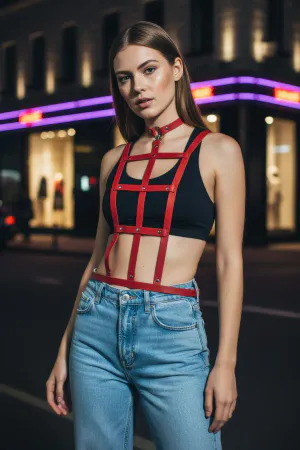 Red Women's Belt Leather Body Accessory with Cage Detail - APFT4