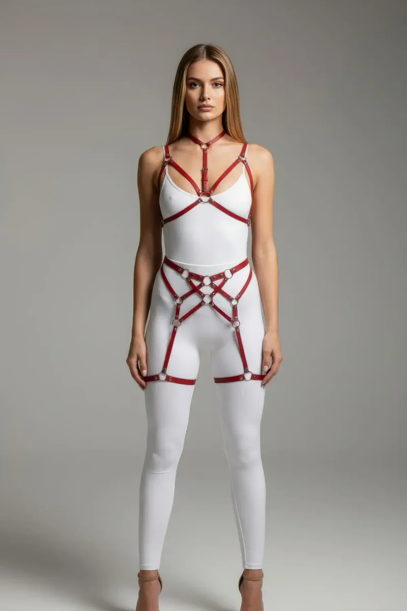 Vegan Leather Full Body Harness Waist Detail with Five Silver Rings
