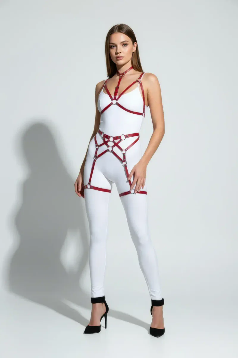 Red Garter Thigh Harness Straps with Adjustable Buckles and O-Rings
