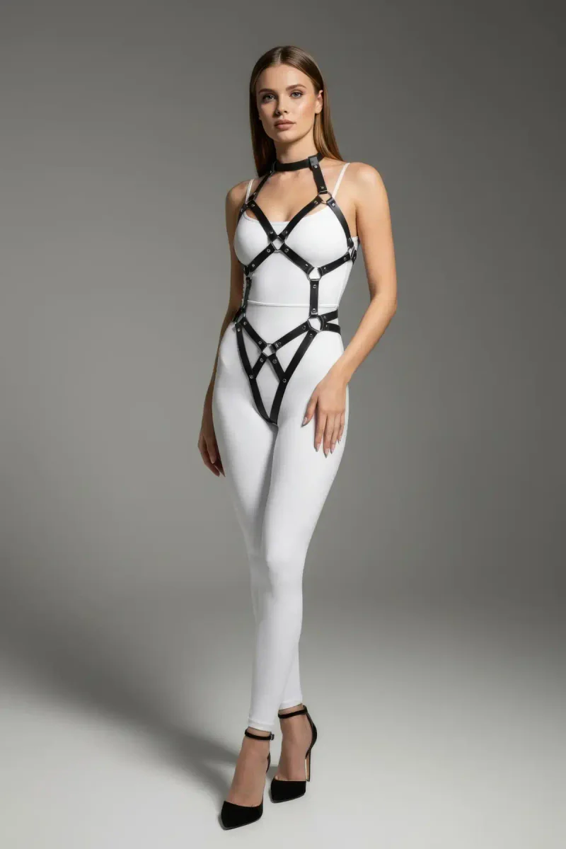 Body Harness: Women's Black Leather Full Body with Rings
