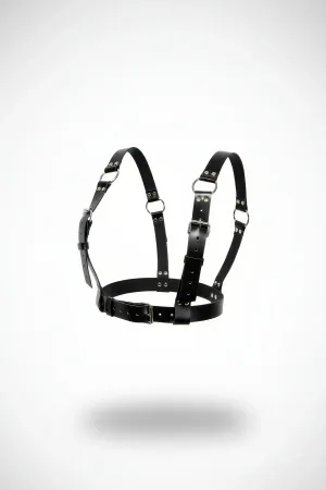 Black Faux Leather Chest Harness with Adjustable Shoulder Straps and Silver O-Rings, front view
