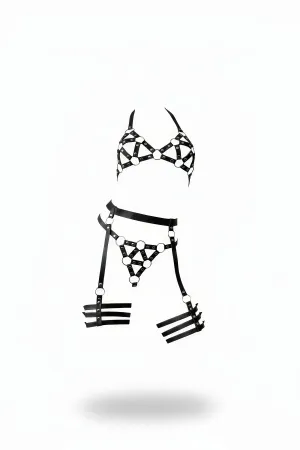 Black Harness Set with Metal Ring Detail and Garter - APFT530