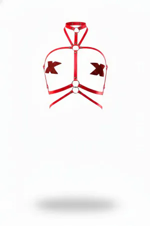 Red Faux Leather Strappy Body Harness with X-Shape Bust Details and Silver O-Rings