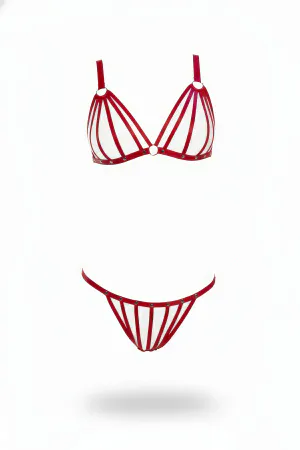 Red Harness Set Metal Detailed Banded Bra Panties - APFT555