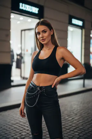 Black Women's Belt with Chain Detail and Multiple Holes - APFT586