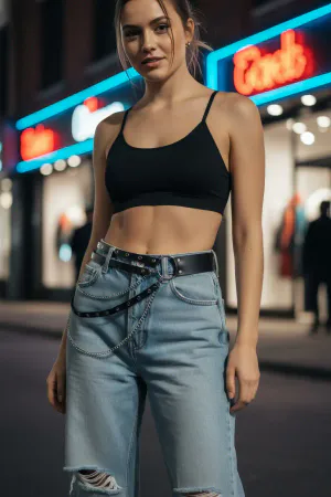 Black Women's Belt with Chain Detail and Multiple Holes - APFT586