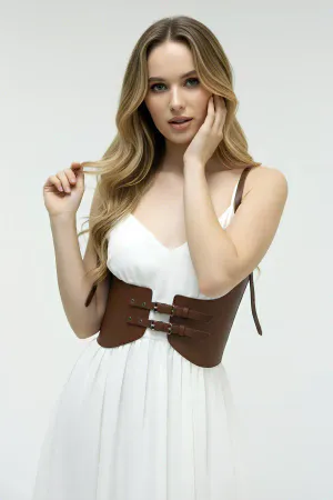 Brown Women's Belt Wide Buckle Leather Corset Belt - APFT605