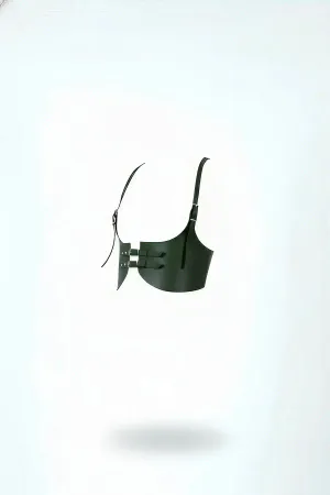 Faux Leather Chest Harness Bustier Dark Olive Double Buckle Straps Front View