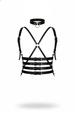 Black Women's Belt Leather Body Harness with Multiple Buckles - APFT609