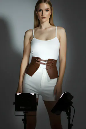 Tan Women's Belt Faux Leather Double Buckle Thick Belt - APFT611