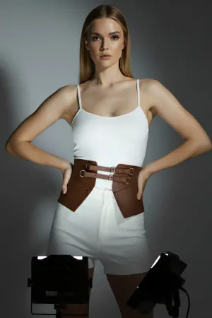 Tan Women's Belt Faux Leather Double Buckle Thick Belt - APFT611