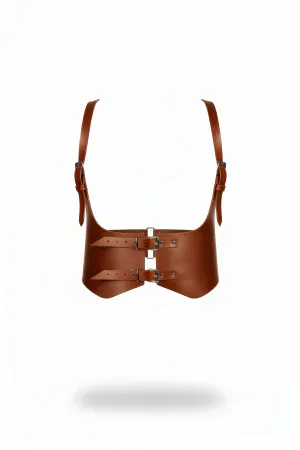 Cognac Faux Leather Underbust Harness Corset Style Wide Panels Adjustable Straps