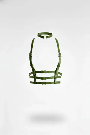 Olive Green Faux Leather Underbust Harness with Choker and Silver Buckles