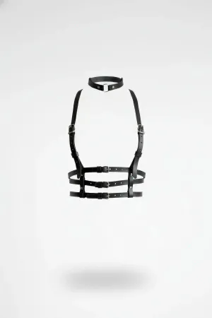 Black Women's Belt Leather Body Harness with Buckle Neck Detail - APFT615