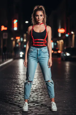 Red Women's Belt Multiple Buckles Body Accessory - APFT615