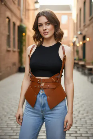 Tan Women's Belt Corset Type Wide Waist Accessory with Shoulder Detail - APFT616