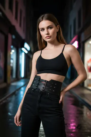 Black Women's Belt Wide Three-Buckle Studded Waist Accessory - APFT618