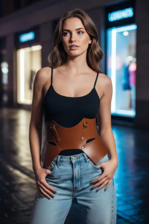 Tan Women's Belt Wide Leather Corset Type Waist Accessory - APFT619