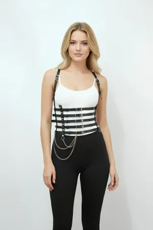 Black Women's Belt Chain Detailed Multi-Strap Corset Waist Accessory - APFT626