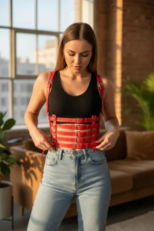 Red Women's Belt Corset Body Belt with Multiple Buckles - APFT630