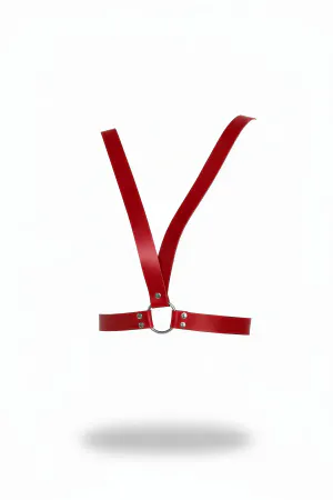 Red Faux Leather Chest Harness O-Ring Design Adjustable Straps