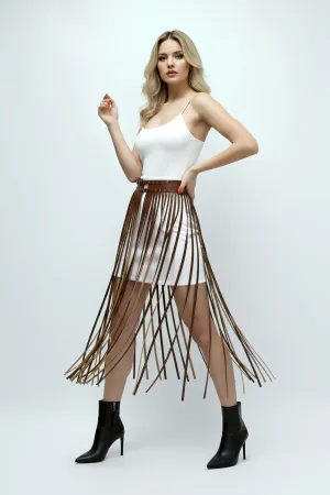 Brown Skirt with Long Tassels and Studded Detail with Buckle - APFT637