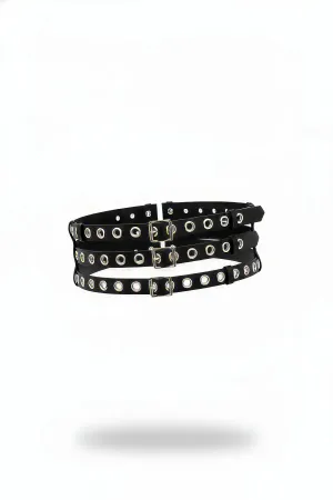 Black Women's Belt Wide Waist Buckle with Three Rows of Holes - APFT641