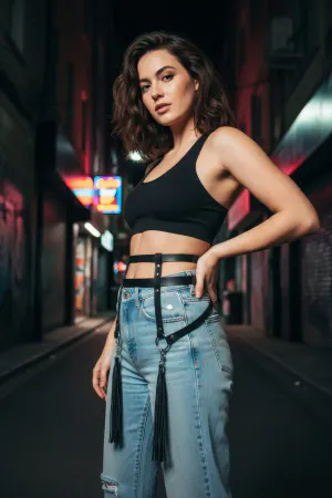 Black Women's Belt Double Banded with Tassel Detail - APFT645