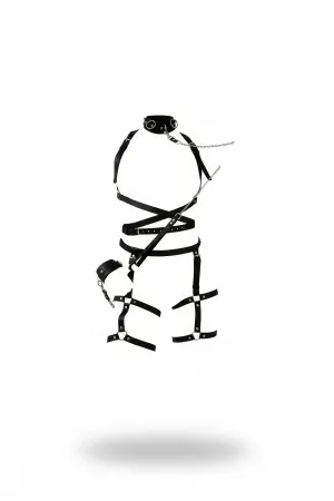 Black Harness Suit Leather Chain Detailed Body Garter - APFT702