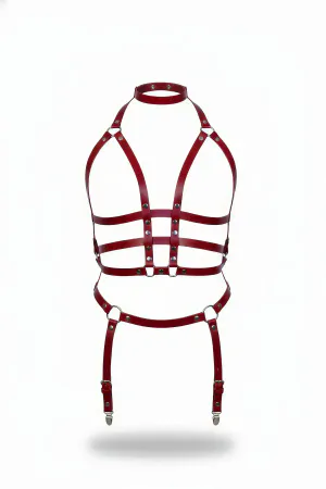 Claret Red Harness Suit with Neck Collar and Garter Leather Body Accessory - APFT707